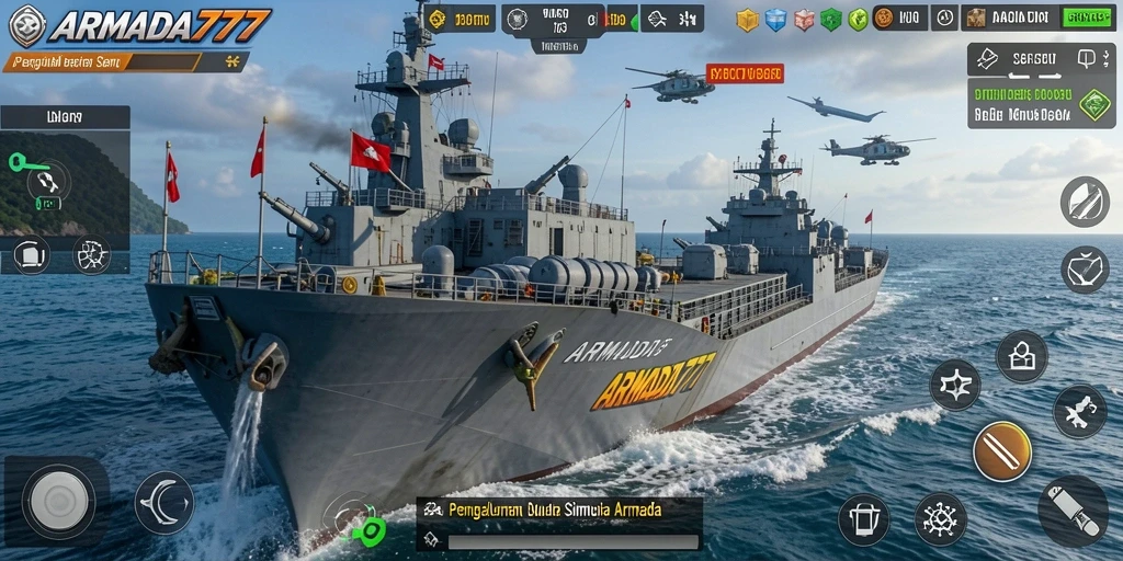 Screenshot utama dari gameplay <strong>ARMADA777</strong> menampilkan aksi mendebarkan dalam manajemen armada.