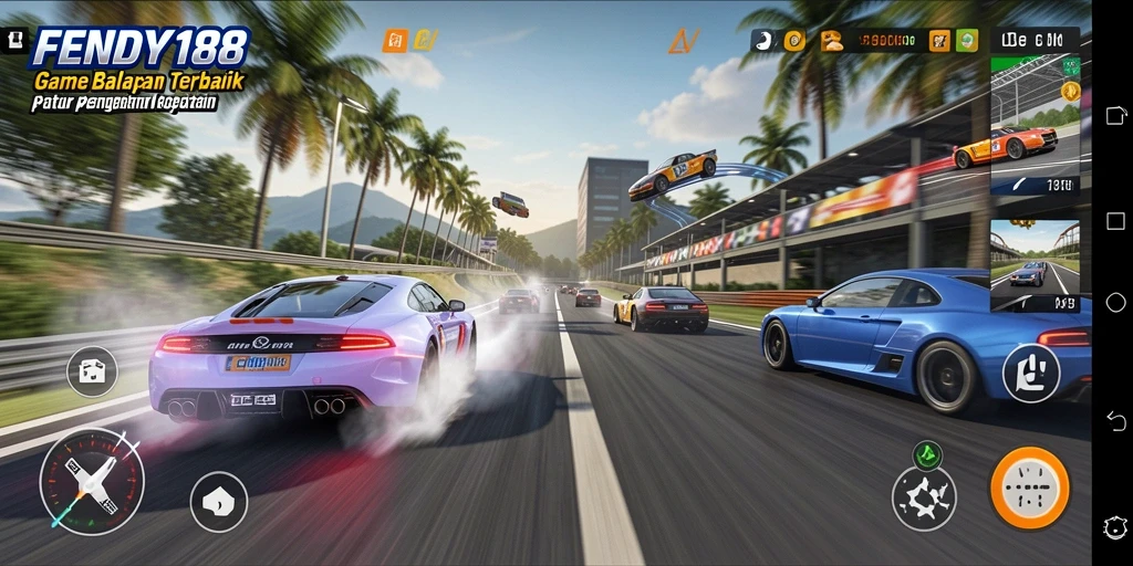 Tampilan gameplay FENDY188 dengan mobil balap di lintasan.