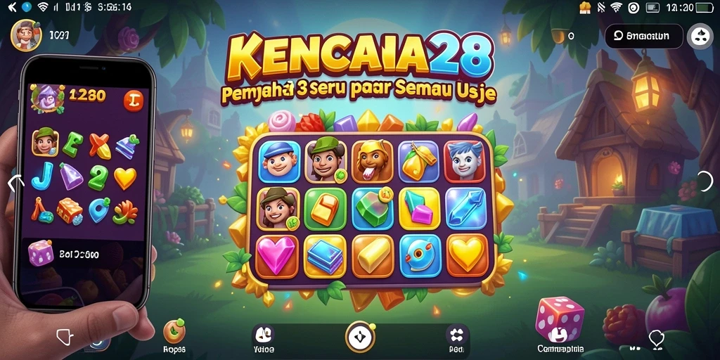 Tampilan gameplay seru KENCANA28 dengan warna-warni ikonnya.